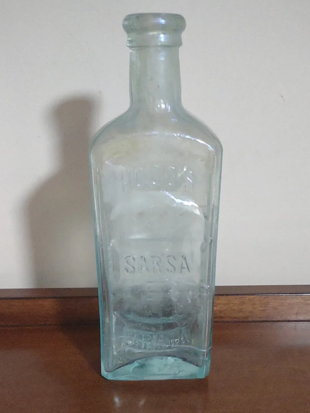 Hoods Sarsa Parilla Clear Aqua Glass Bottle Decorative Vase